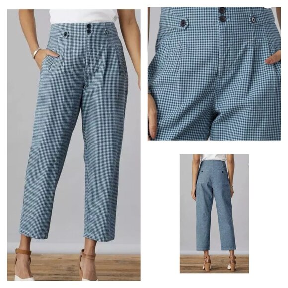 SUNDANCE Blue Black Gingham LIFE OF DREAMS Linen Blend High Waist Cropped Pant